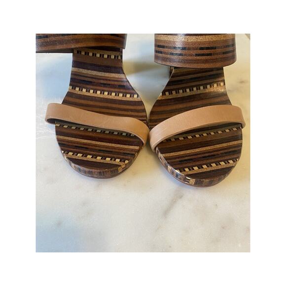 Vince Camuto Brown & Beige Becca Heel Slip On Leather Sandals Size 9 Wood tone - Picture 9 of 12